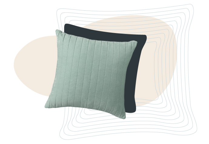 Our Ribbed Chenille Euro Pillow Sham in Aqua over a blank background with a dark green shadow behind it.