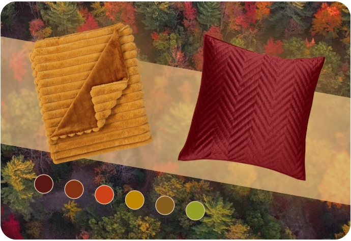 Image de collage présentant nos produits Ribbed Jeté en ocre et Chevron Euro Sham en rouge sur un fond de forêt automnale.