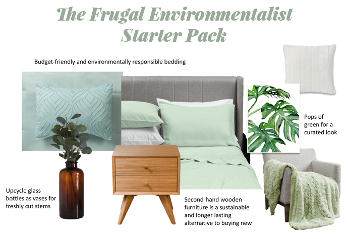 Graphique en forme de collage intitulé "The Frugal Environmentalist Starter Pack" présentant plusieurs articles sur un fond blanc.