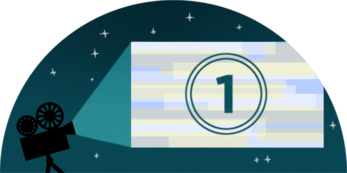 Graphic of a film projector showing a countdown on a screen against a starry sky.