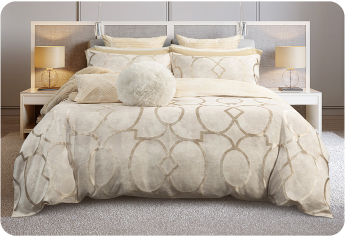Our Boulevard Bedding Collection displayed on a bed with our Faux Fur Sphere Cushion.