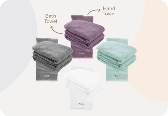 Custom Embroidered Modal Cotton Towels in Lilac Ash, Seafoam, White, and Grey. Custom Embroidered Modal Cotton Towels in Lilac Ash, Seafoam, White, and Grey.