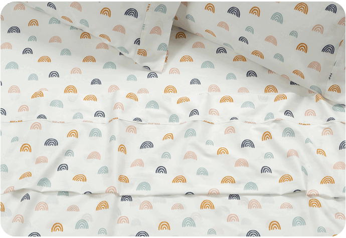 Our printed 300TC Organic Cotton Sheet Sets include styles like Rainbow Dreamer, Lunar, and Heartwood.