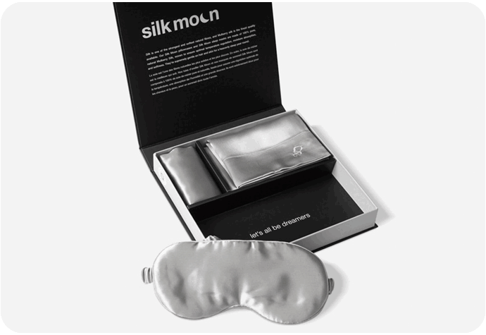 Our Silk Moon 100% Mulberry Silk Gift Sets include an Eye Mask, Queen Silk Pillowcase, and Silk Scrunchie OR Delicates Bag. Available in Snow White, Silver, Bronze, and Lavender.