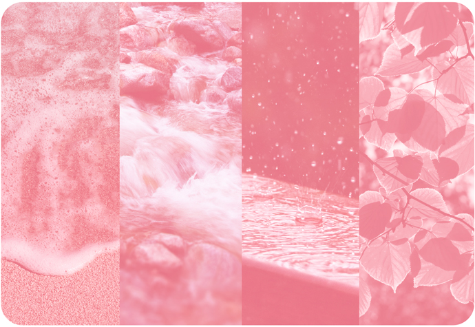 A collage with a pink overlay displaying different forms of pink noise found in nature: waves on a beach, a trickling stream, rainfall and wind blowing through leaves.