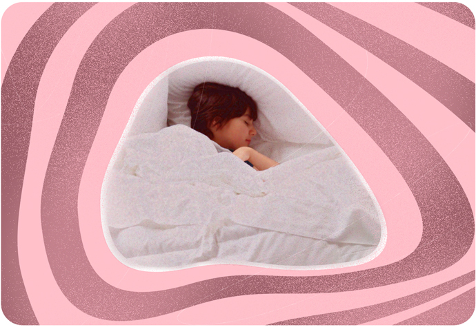 An image of a woman sleeping on a white bed surrounded by a pink static graphic.