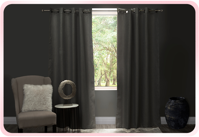 Our Linen Look Blackout Drapery Panel is displayed in a dark room.