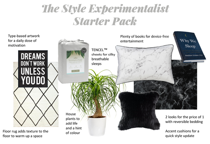 Graphique de collage intitulé "The Style Experimentalist Starter Pack" présentant plusieurs éléments sur un fond blanc.