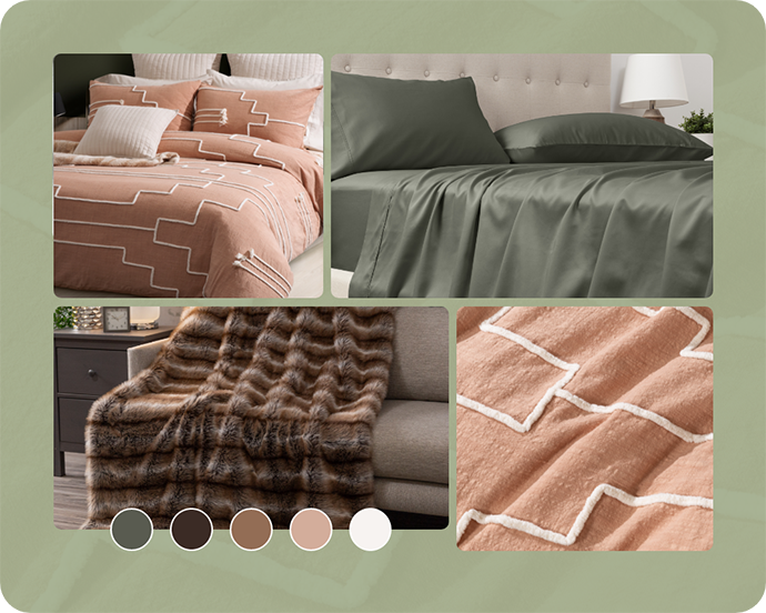 Warm and earthy palette mood board featuring the Canyonlands Duvet Cover, Eucalyptus Luxe Sheets in Bonsai and Sable Faux Fur Throw in Mink.