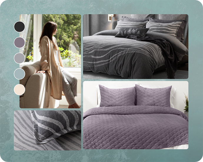 Comfort and wellness mood board featuring the Cavalo Duvet Cover, Calme Weighted Quilt Set in Violet, and Muslin Gauze Bathrobe in Natural.