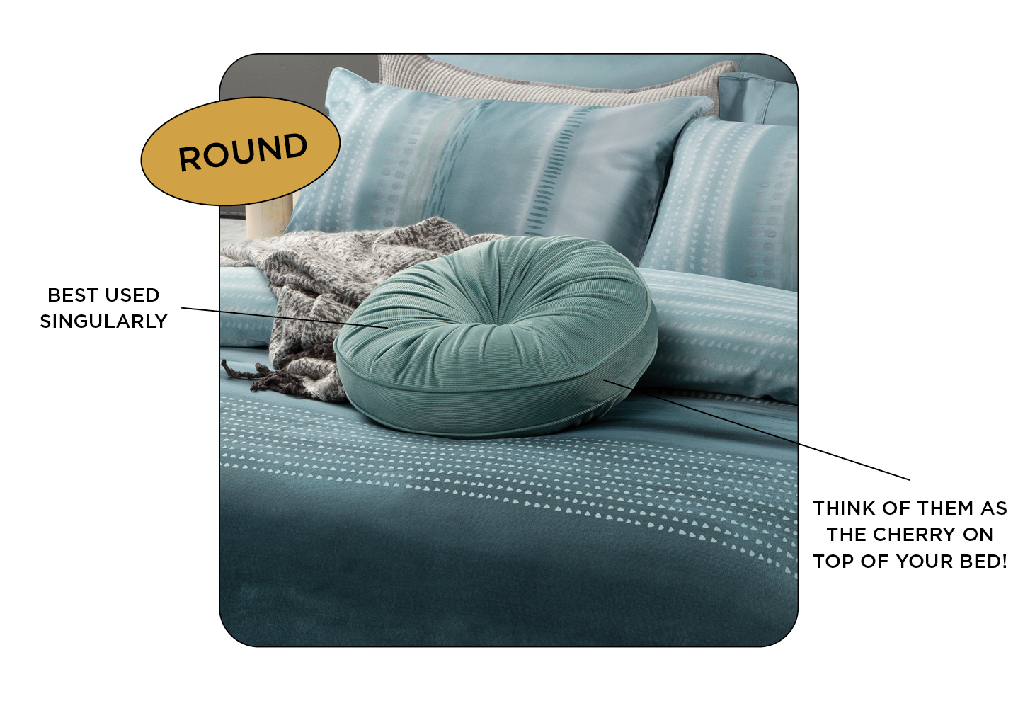 Diagram of our Aqua Round Corduroy Cushion on a bed dressed with our Sicily Bedding Collection.