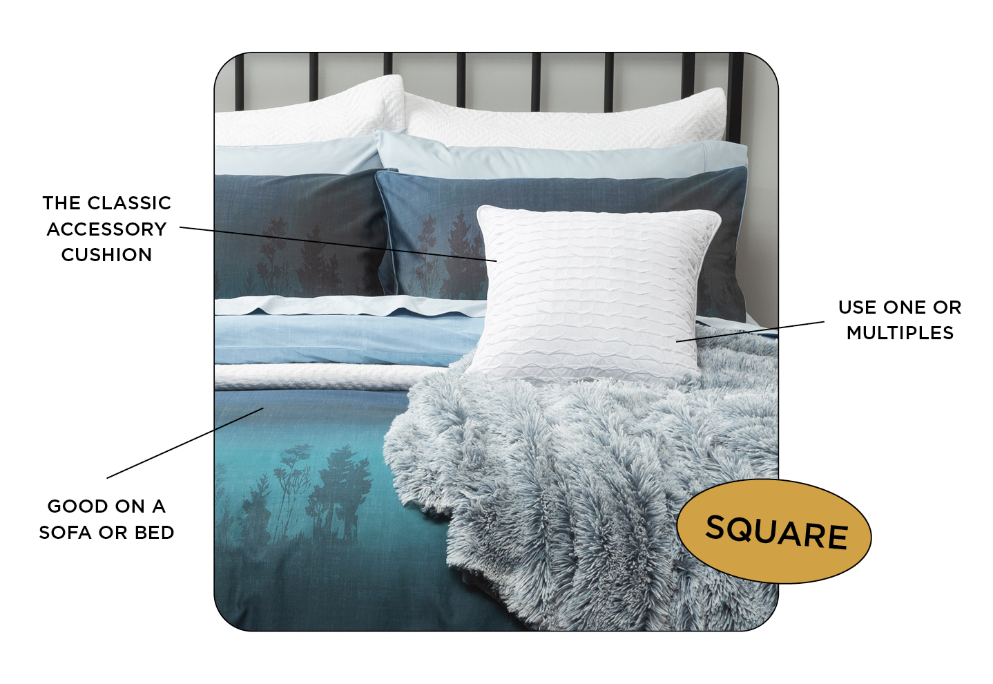 Diagram of our White Square Cushion styled on our Nairn Bedding Collection with our Frosty Shaggy Throw